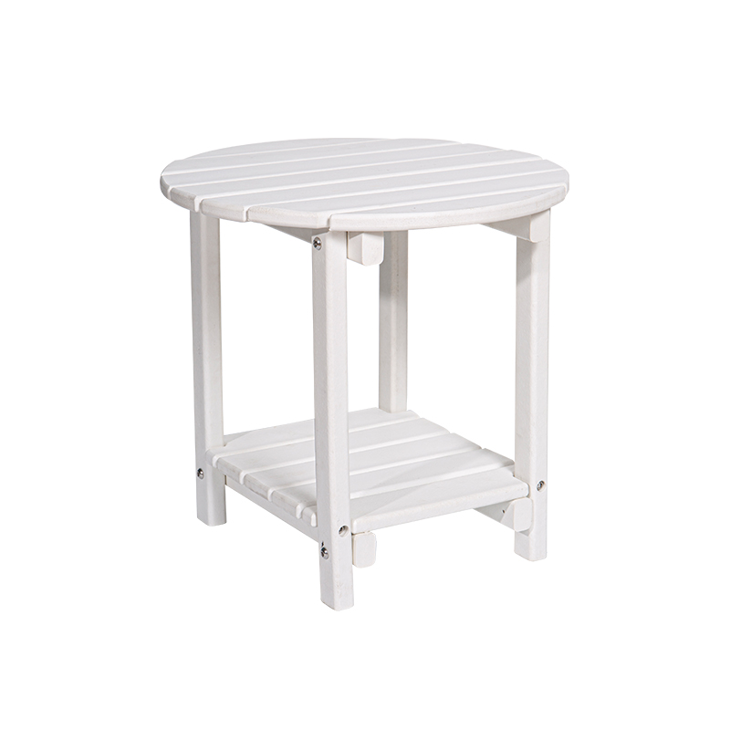 Table multifonctionnelle ronde effet grain de bois blanc, matériau HDPE avec support de rangement carré