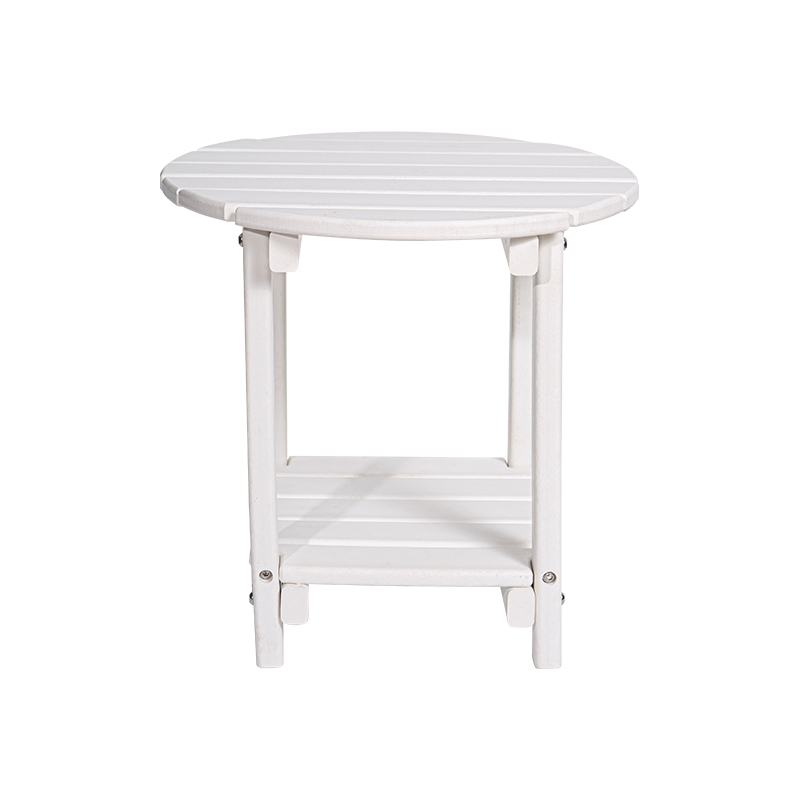 Table multifonctionnelle ronde effet grain de bois blanc, matériau HDPE avec support de rangement carré