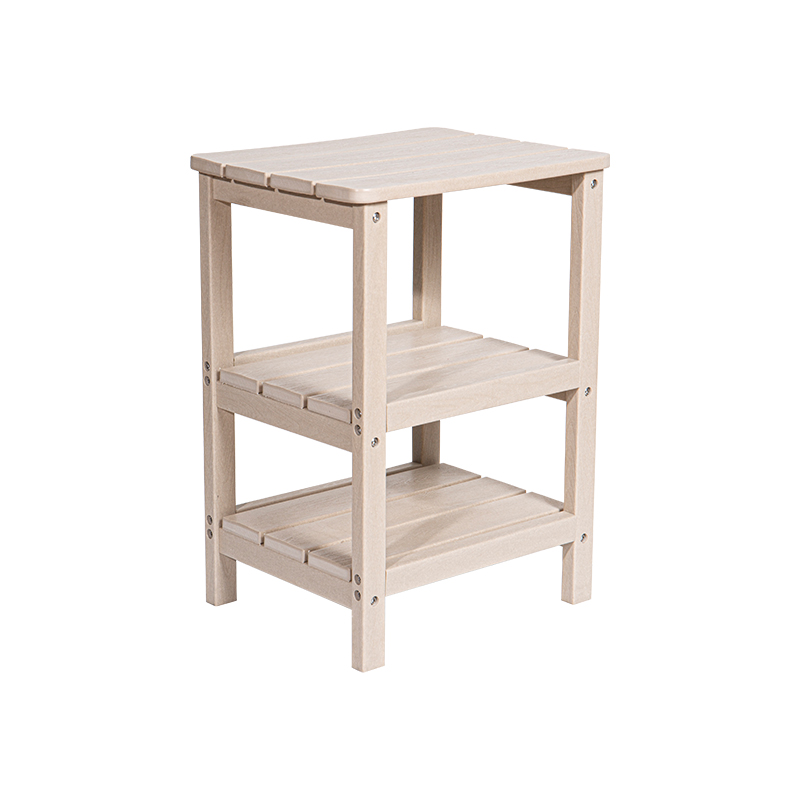 Table carrée à trois niveaux couleur bois, matériau HDPE, table de rangement multifonctionnelle avec vis en acier inoxydable 304