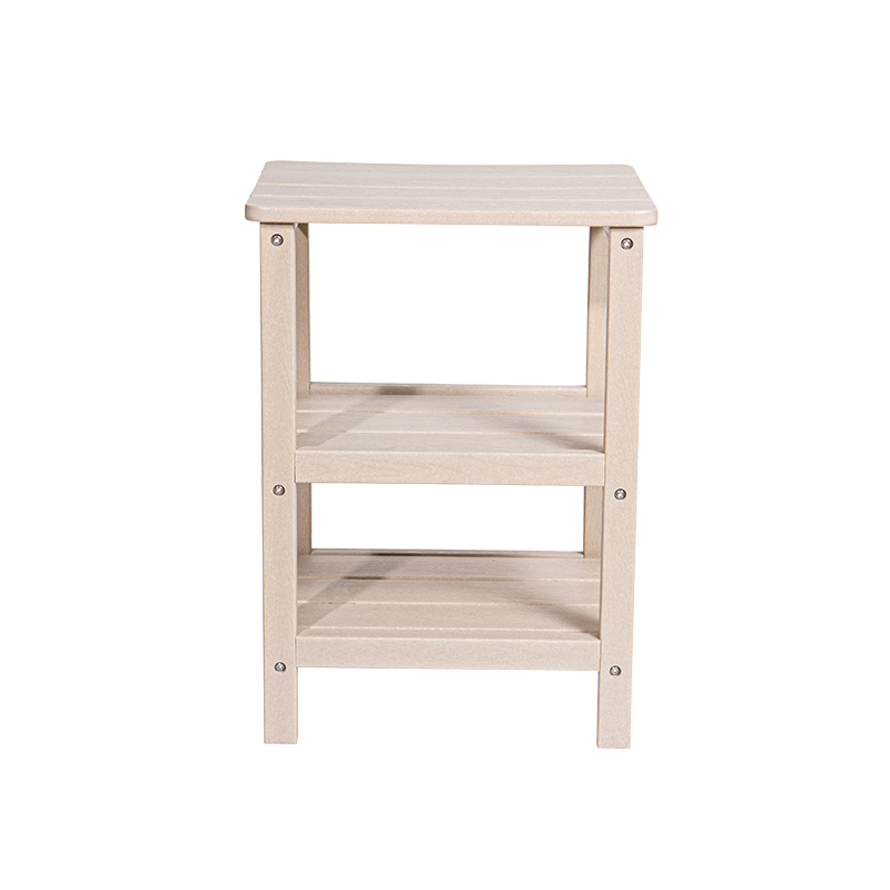 Table carrée à trois niveaux couleur bois, matériau HDPE, table de rangement multifonctionnelle avec vis en acier inoxydable 304